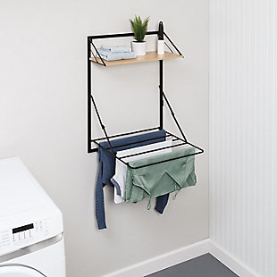 Honey-Can-Do Wall Mounted Drying Rack with Shelf for Small Laundry Room, Black/Maple, , rollover