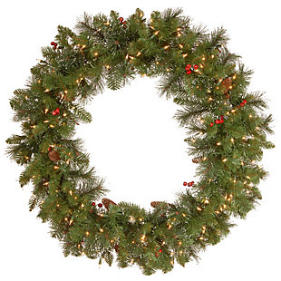 National Tree Company 36in. Crestwood Spruce Wreath with Silver Bristle, Cones, Red Berries and Glitter with 200 Clear Lights, , large