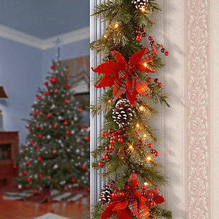 National Tree Company 9 x 12 Decorative Collection Tartan Plaid Garland with Cones, Red Berries, Poinsettas and 50 Soft White Battery Op, , rollover