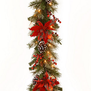 National Tree Company 9 x 12 Decorative Collection Tartan Plaid Garland with Cones, Red Berries, Poinsettas and 50 Soft White Battery Op, , large