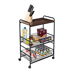 Honey-Can-Do 3-Tier Rolling Cart with Wood Shelf and Pull-Out Baskets, , large
