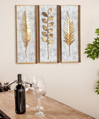 Bayberry Lane Leaf Framed 3D Wall Decor (Set of 3), Gold