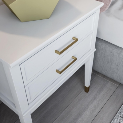 CosmoLiving Elizabeth Nachttisch, Weiß Mit Goldenen Griffen | 2 Schubladen, 69.8x68.6x25.7 Cm | Aus MDF, Mittelcentury-Design
