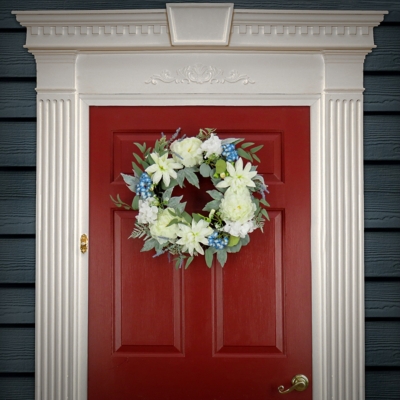 "National Tree Company 24" Spring Dahlia, Peony, and Hydrangea Wreath", Blue