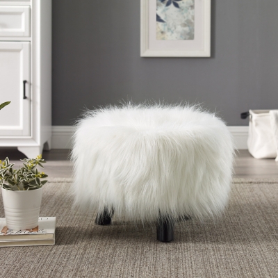 Linon Faux Fur Ottoman, Black