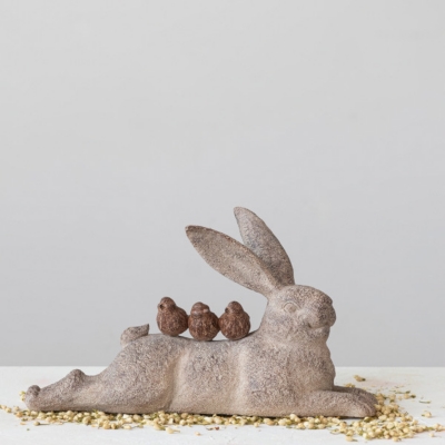 Storied Home Decorative Resting Rabbit with Birds Figurine, Brown