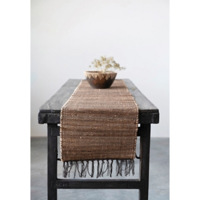 Storied Home Woven Jute Table Runner with Fringe, Brown