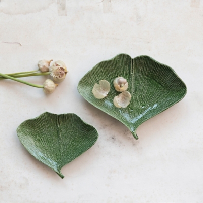 Storied Home Stoneware Gingko Leaf Shaped Plate Set, Green