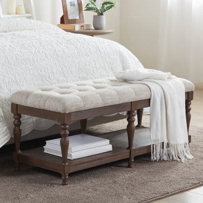 Martha Stewart Highland Tufted Accent Bench with Shelf, Ivory