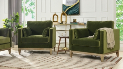 set of green velvet armchairs living room with decor