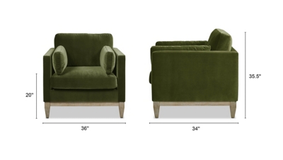 front and side views of a green velvet armchair with wooden legs with dimensions 36W 34D 35.5H