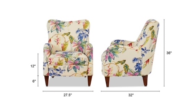 Side and front view measurements of chair with dimensions 27.5in width, 32in depth, 36in height
