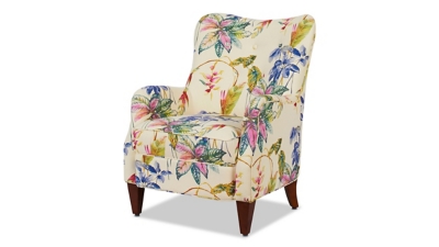 Back and side view of tropical print armchair on white background