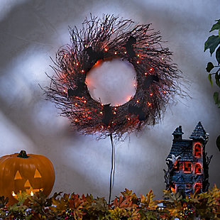 Everlasting Glow 20 in Halloween Twig Wreath with Bats and LEDs, , rollover