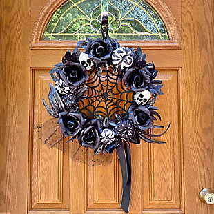 Haunted Hill Farm 15" Halloween Floral Wreath with Pumpkins Skulls and Spiderwebs, , rollover