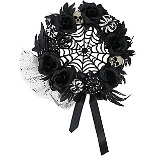 Haunted Hill Farm 15" Halloween Floral Wreath with Pumpkins Skulls and Spiderwebs, , large
