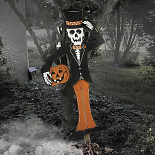 Haunted Hill Farm Skeleton Holding a Carved Pumpkin Yard Stake, , rollover