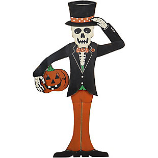 Haunted Hill Farm Skeleton Holding a Carved Pumpkin Yard Stake, , large