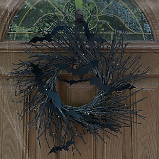 Haunted Hill Farm 15" Twig Wreath with LED Lights and Flying Bats, , rollover