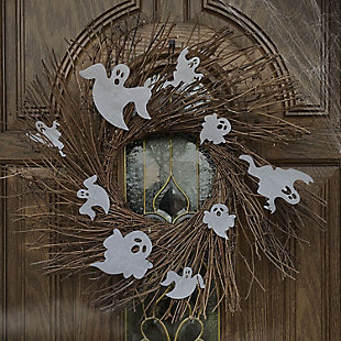Haunted Hill Farm 20" Twig Wreath with LED Lights and Spooky Ghosts, , rollover