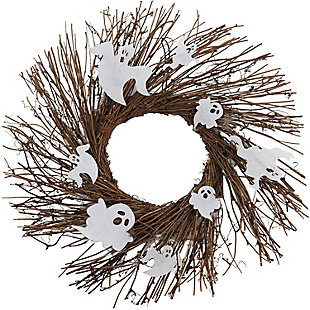 Haunted Hill Farm 20" Twig Wreath with LED Lights and Spooky Ghosts, , large