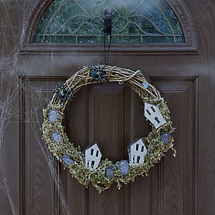 Haunted Hill Farm 15" Grapevine Wreath with Spiders Tombstones and Haunted Houses, , rollover