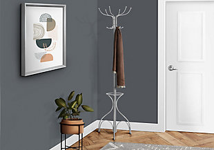 Monarch Specialties Contemporary Free Standing 12 Hooks Coat Rack 70" High with an Umbrella Holder, Silver, rollover