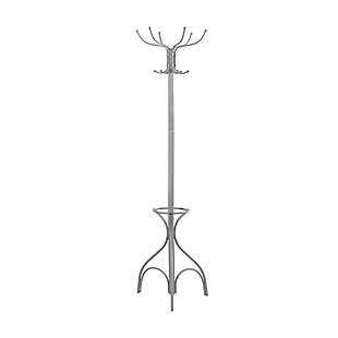 Monarch Specialties Contemporary Free Standing 12 Hooks Coat Rack 70" High with an Umbrella Holder, Silver, large