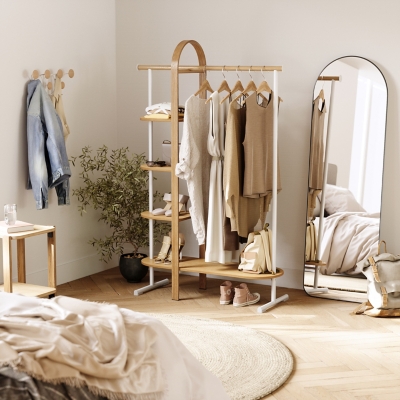 Free-standing Closet Garment Hanging Stand Bamboo Wood Rack - Bed