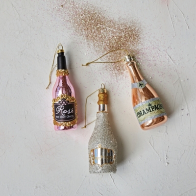 Storied Home Champagne Bottle Ornament with Glitter, Gold/Silver