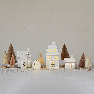 Storied Home Stoneware Village with LED Lights(Set of 4), , rollover