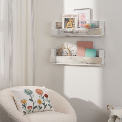 Handmade Floating Book Display Shelf Set of 2, White Wash