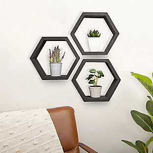Handmade Hexagon Shelves 3-Pack, Black, rollover