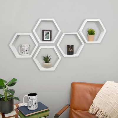 Handmade Hexagon Shelves 5-Pack, White Wash