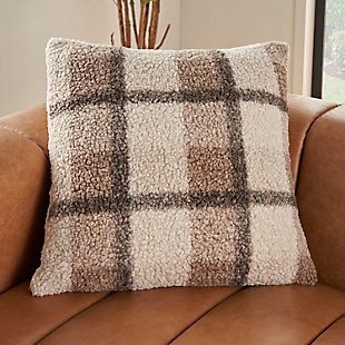 Mina Victory Faux Fur Plaid Curly Sherpa Indoor Throw Pillow, Brown, rollover