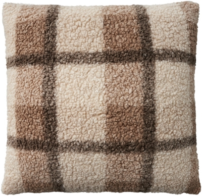 Mina Victory Faux Fur Plaid Curly Sherpa Indoor Throw Pillow, Brown, large
