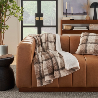 Mina Victory Faux Fur Plaid Curly Sherpa Indoor Throw Blanket, Brown, rollover