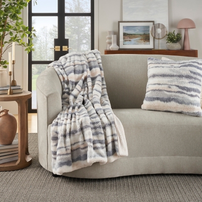 A600079998 Mina Victory Faux Fur Jaquard Throw Blanket, Blue sku A600079998