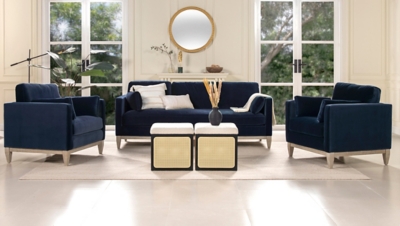 navy blue sectional-style chair setup with matching pillows