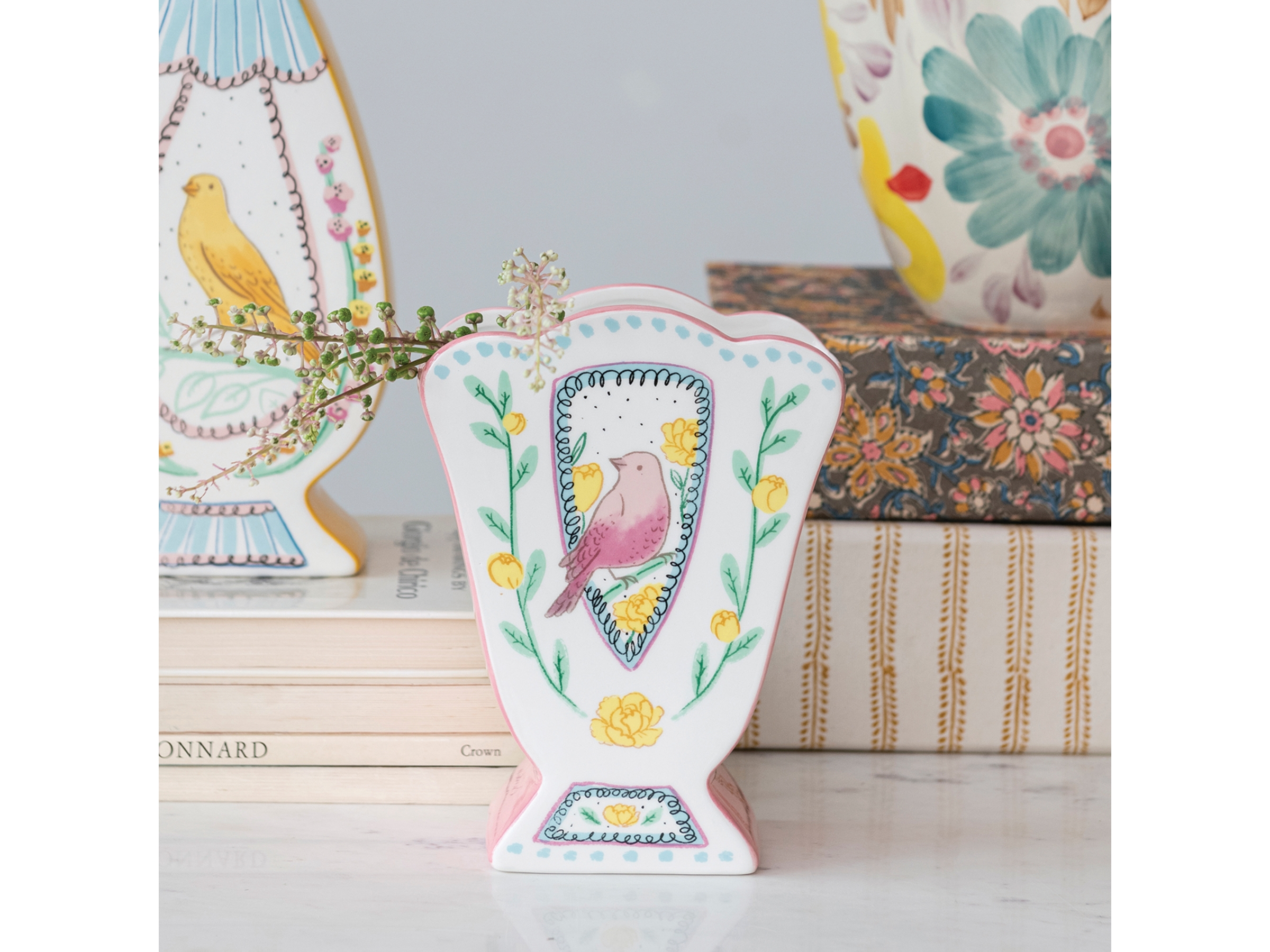 Storied Home Fan Shaped Vase with Painted Bird Design