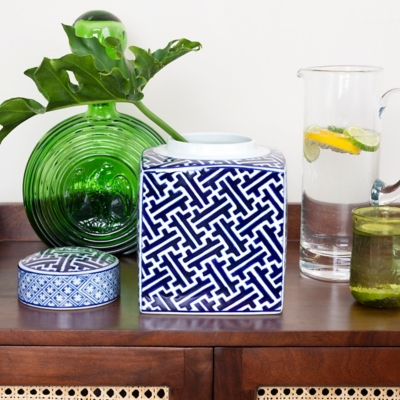 Storied Home Square Ginger Jar with Lid, Blue