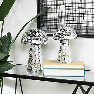 Bayberry Lane Mushroom Mosaic Mirrored Sculpture (Set of 2), Silver, rollover