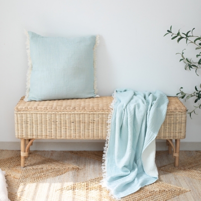 Sandy Solid Throw Blanket with Fringe, Light Blue