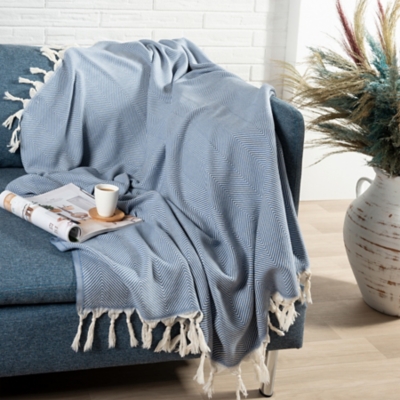 Avery Herringbone Throw Blanket, Blue