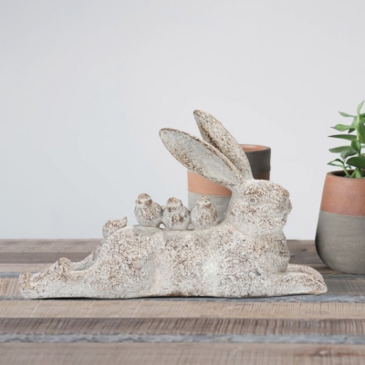 Storied Home Decorative Resting Rabbit with Birds Figurine, Distressed White