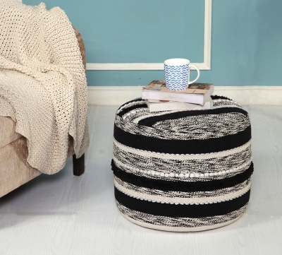 A600080902 Enigma Striped Pouf, White sku A600080902