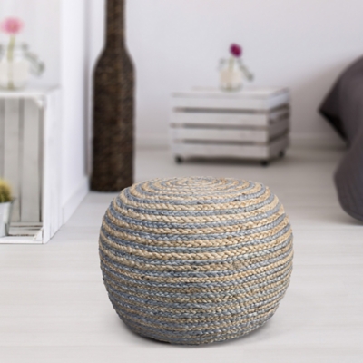 Serena Striped Braided Pouf, Gray/Natural