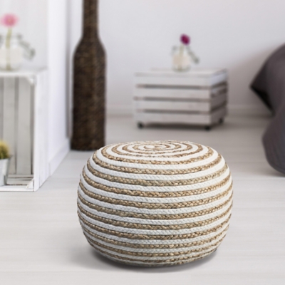 Serena Striped Braided Pouf, White