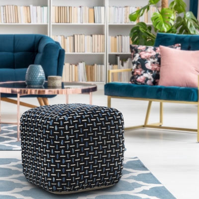 Havana Geometric Pouf, Black/Blue