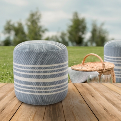 Atlantis Striped Indoor/Outdoor Pouf, Blue